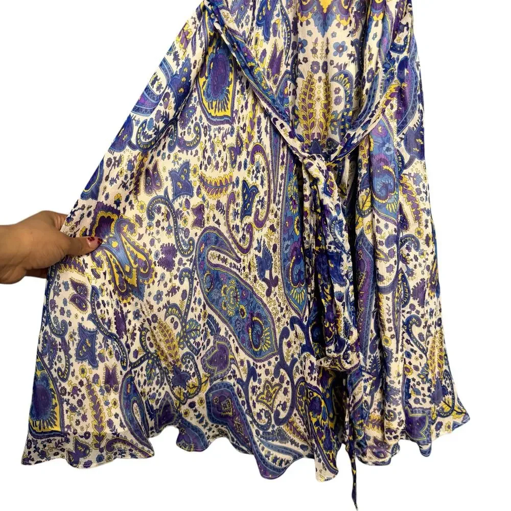 Lauren Ralph Lauren Silk Paisley Wrap Dress Size 12 Ruffle V-Neck Blue Purple - Picture 6 of 7
